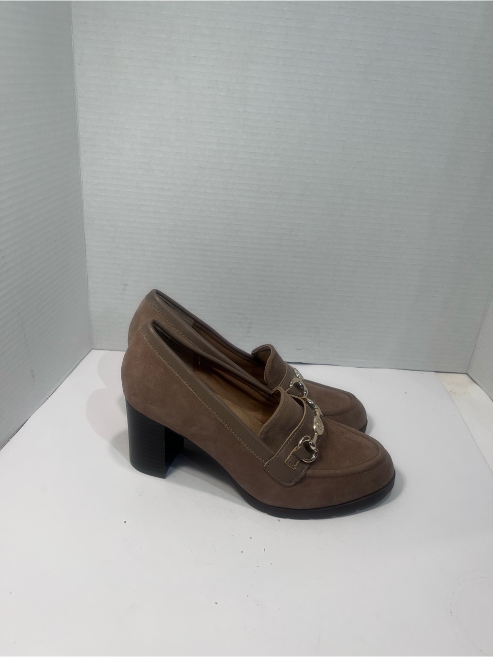 Gianni Bini Taupe Suede Block Heel Loafers